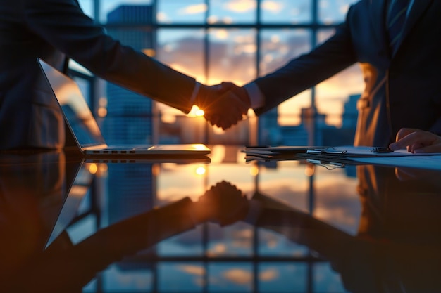 Photo business deal handshake at sunset