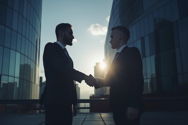 Business Deal Two Businessmen Shaking Hands Outdoors in Busy City with Sun Rays