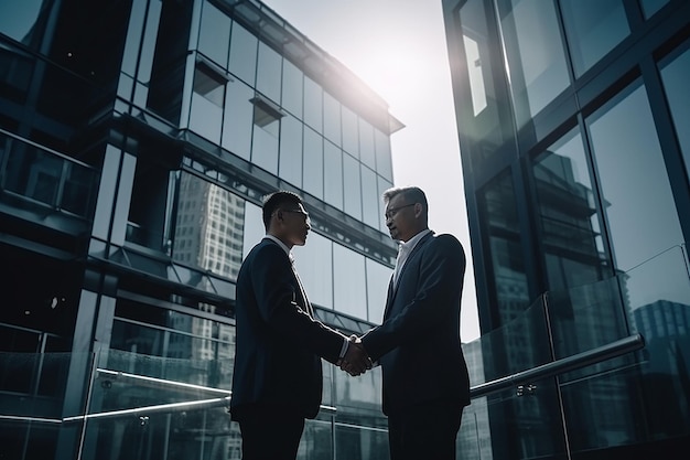 Business Deal Two Businessmen Shaking Hands Outdoors in Busy City with Sun Rays