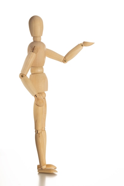 Business and Design Concept - Wooden Mannequin with Welcome Gesture Isolated on White Background