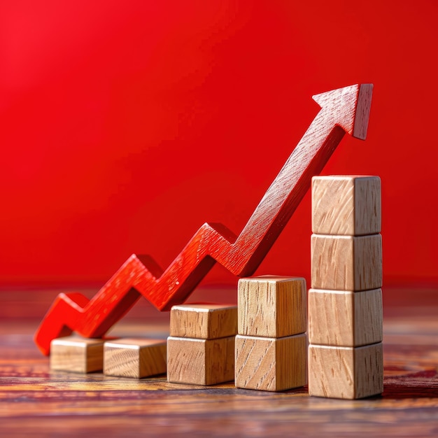 Business Development Symbol with Wooden Blocks and red Arrow on red background