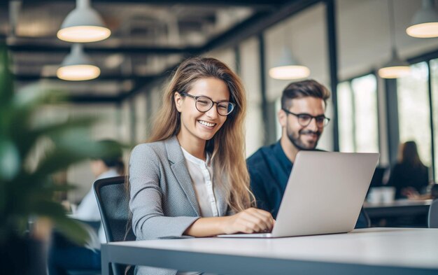 Business Discussion Colleagues Smiling While Working on Laptop