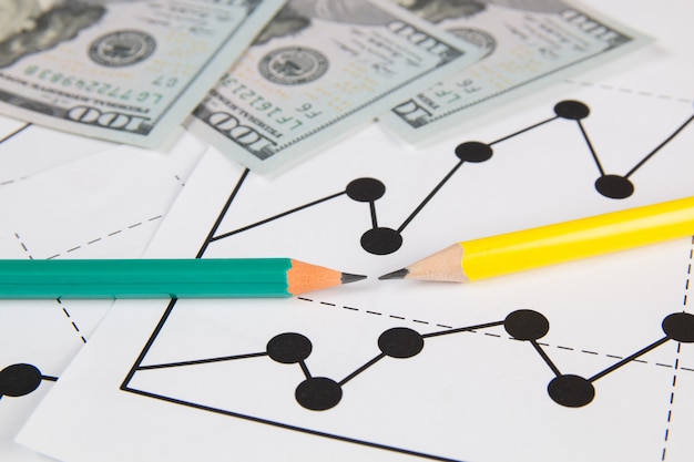 Business drawing chart graphics, dollars and panils