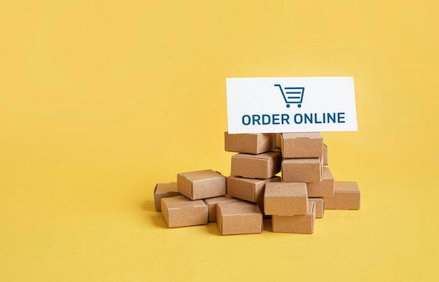 Business ecommerce or online shopping concepts with group of product box ordermarketplace and transportation servicecopy space