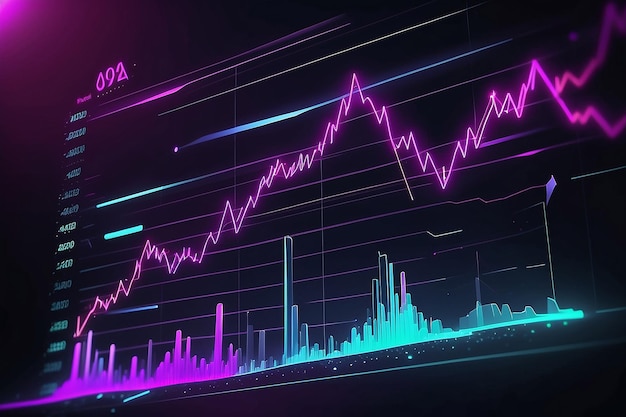 Business economic charts with light effects neon Abstract neon background growth and fall analytics