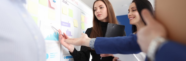 Business employees study business figures on white board. Small and medium business development concept