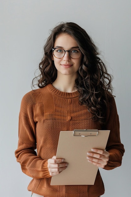 Business environment young woman in glasses holding a clipboard standing confidently against a white background