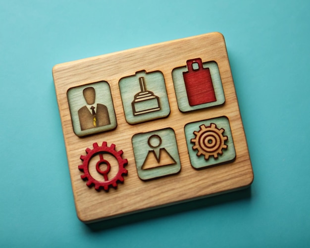 Business Essentials Icons on wood and Achievement Symbol with Wood Figures Background Illustration I