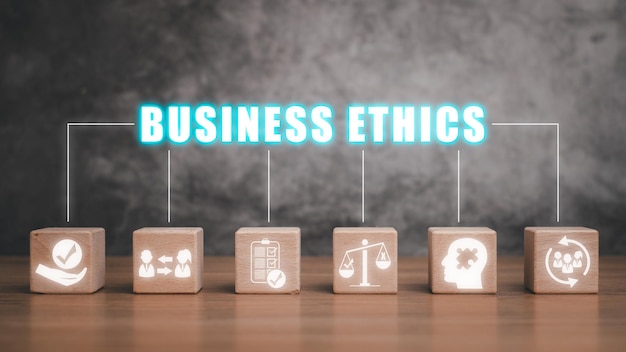 Photo business ethics concept wooden block on desk with business ethics icon on virtual screen