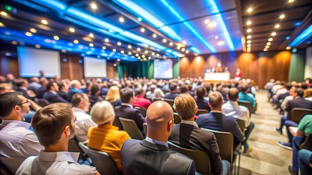 Photo business event speaker presenting to audience in conference hall