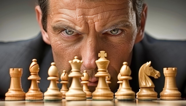 Photo business executive contemplating strategy with chess pieces on board showing thoughtful expression