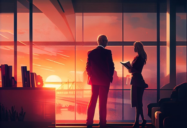 A business executive couple by a large window in the office at sunset taking a break from work Generate Ai