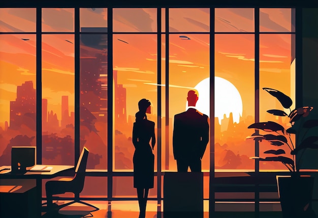 A business executive couple by a large window in the office at sunset taking a break from work Generate Ai