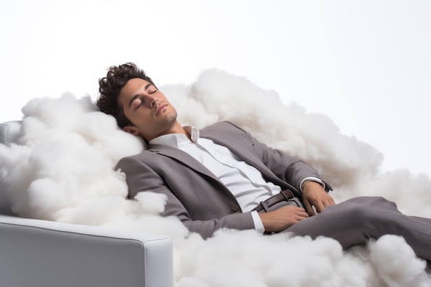 Business executive dreaming on a cloud bed isolated on a white background