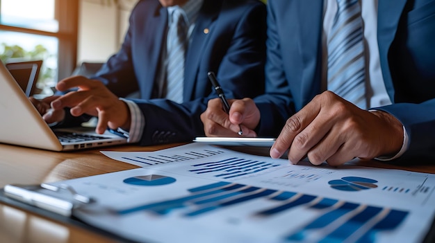 Business executives reviewing quarterly earnings reports