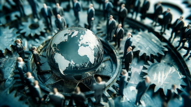 Photo business figures surround a globe on gears symbolizing global interconnectedness