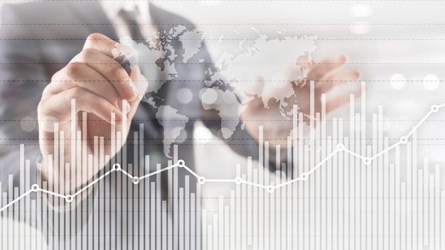 Business finance growth graph chart analysing diagram trading and forex exchange concept double exposure mixed media background website header