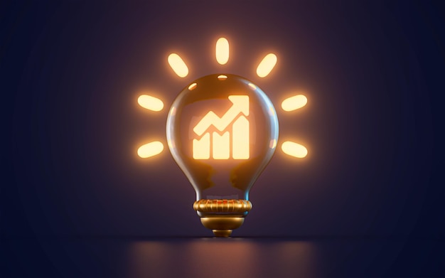 Business financial chart icon glowing inside lightbulb on dark background 3d render concept