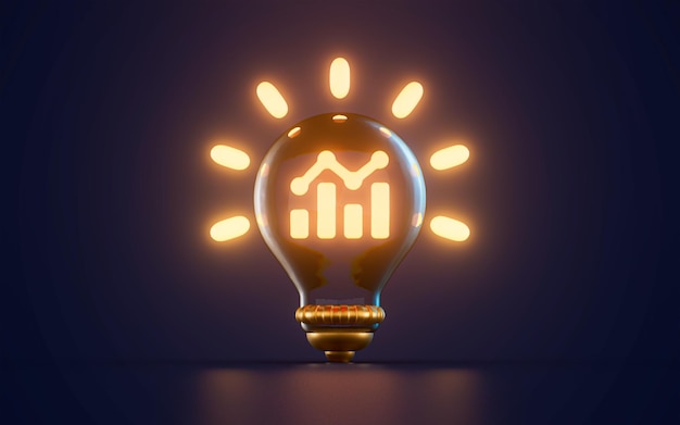 Business financial chart icon glowing inside lightbulb on dark background 3d render concept