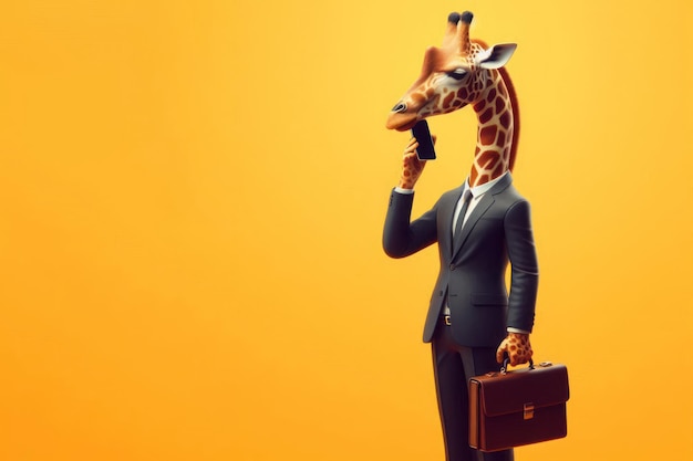 Photo a business giraffe in a suit and a briefcase is talking on the phone space for text