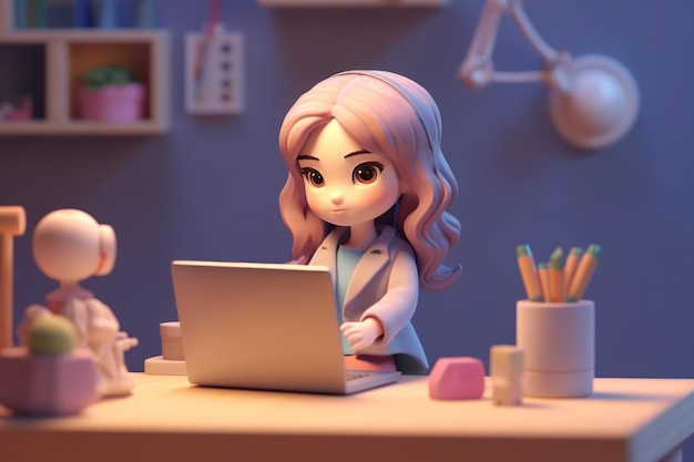 A business girl working with laptop on desk 3D Tiny cute isometric Generative AI