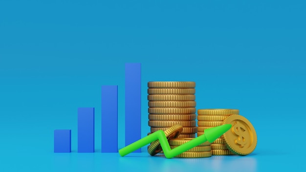 Business graph or bar chart diagram with stack of gold coin Growth business financial 3D rendering