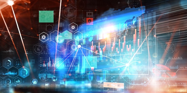 Business graph and trade monitor. Mixed media