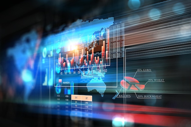 Business graph and trade monitor. Mixed media