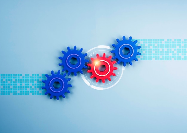 Business growth and success, solution, management, teamwork, cooperation, innovation, leadership. White circle arrow icon on red gear with technology access symbol and blue cogwheels, blue background.