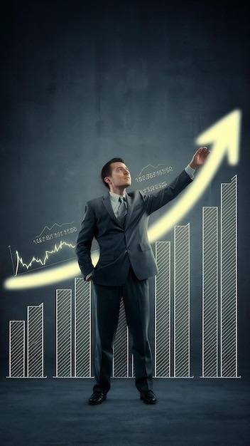 Photo business growth with businessman rising arrow up showing growing revenue and benefits