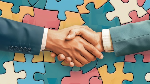 Business handshake against a colorful puzzle piece background symbolizing partnership collaboration and teamwork in a professional setting