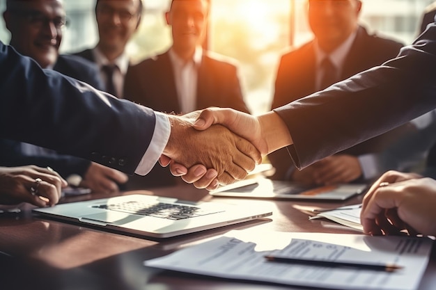 Business handshake and business people partner Generative AI