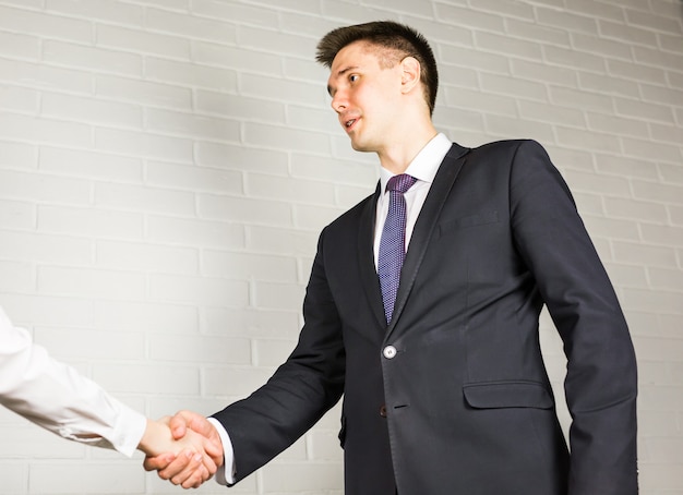 Business handshake. Businessman And Businesswoman Shaking Hands In Office