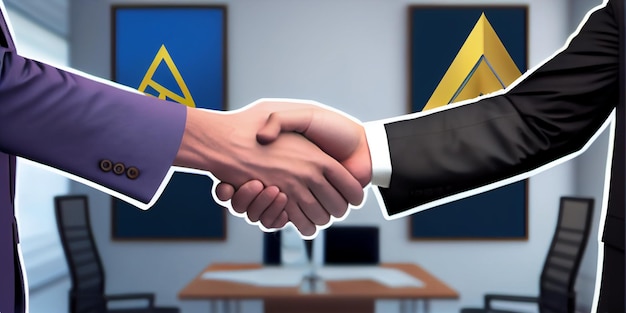 Business handshake in Crypto Currency Business the new virtual electronic money inside the office