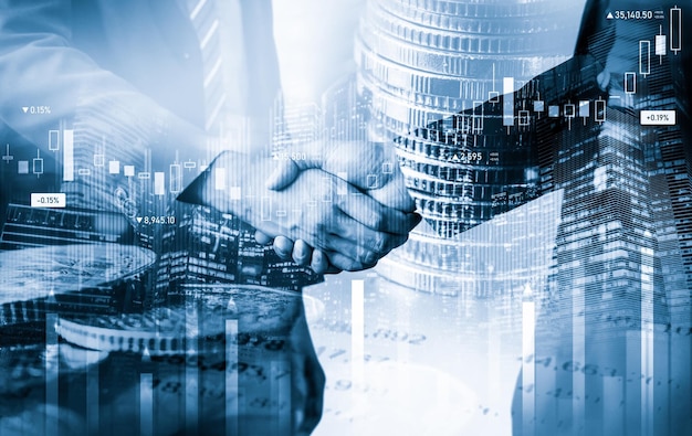 Business handshake on finance prosperity and money technology asset background