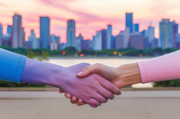 Business Handshake with City Skyline in Background