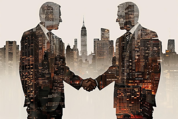 Business handshake with a city skyline representing corporate agreement and successful partnerships