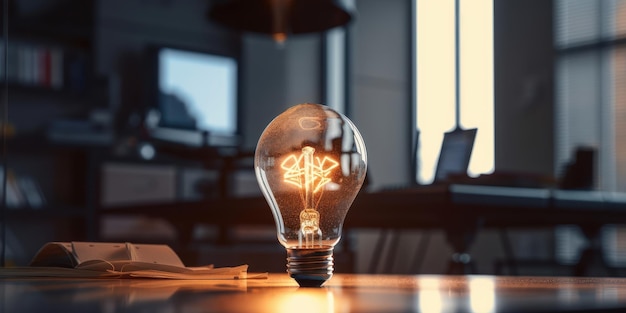 Business ideas concept with glowing light bulb in workplace Generative Ai