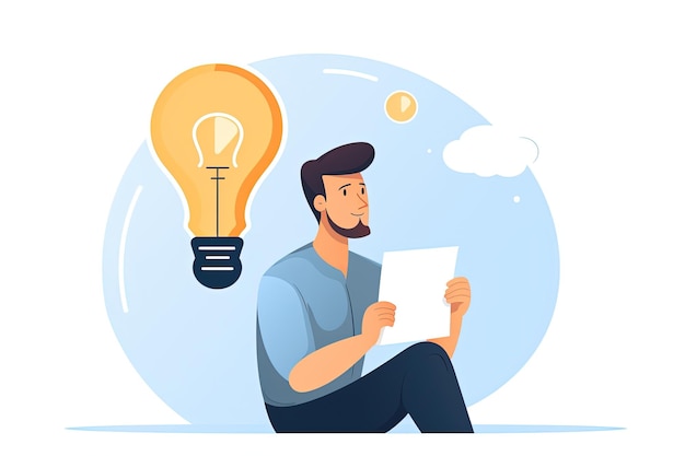 business illustration of man with lightbulb moment idea thinking solution bingowhite background