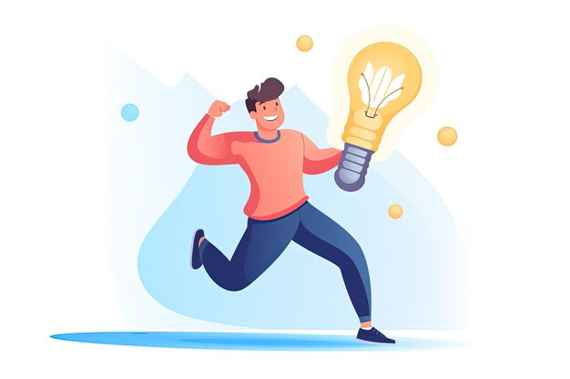 business illustration of man with lightbulb moment idea thinking solution bingowhite background