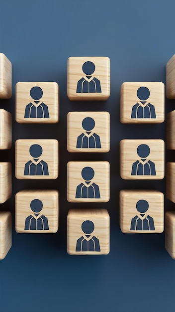 Business image of wooden blocks with people icons over blue background human resources and managem