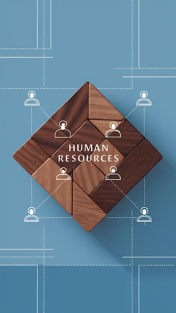 Business image of wooden tangram puzzle with people icons over blue background human resources and