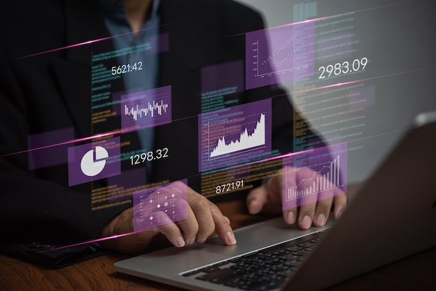 Business Intelligence Dashboard visual display of Marketing Data Analytics provides of key metrics and KPI economic analysis and investment finance and marketing planning Big data Graphs Charts