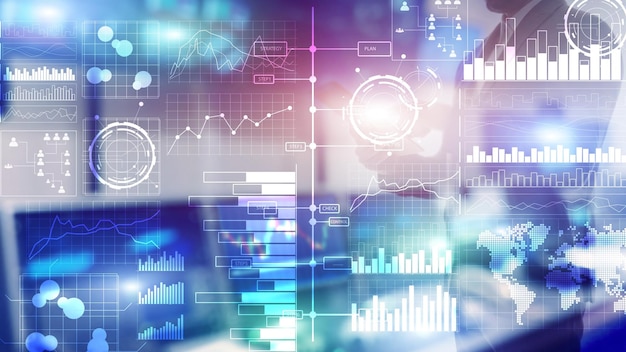 Business intelligence Diagram Graph Stock Trading Investment dashboard transparent blurred background