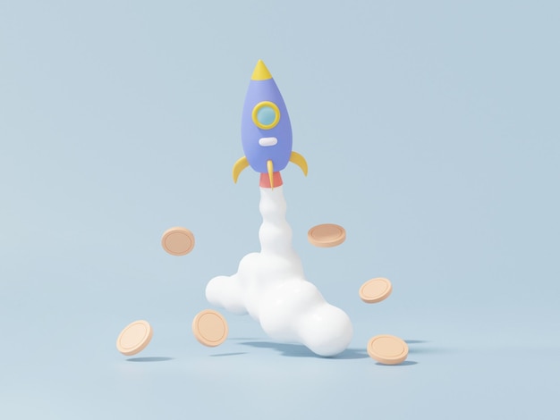 Photo business investment startup concept spaceship rocket spewing smoke and coins floating future innovation on sky blue background cartoon minimal cute smooth 3d render illustration