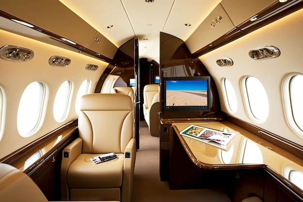 Business jet aircraft interior with comfortable seats and tvs on walls generative ai