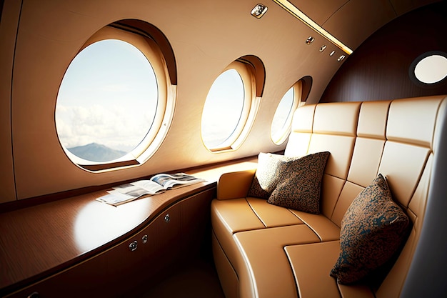 Business jet aircraft interior with divan against window in plane generative ai