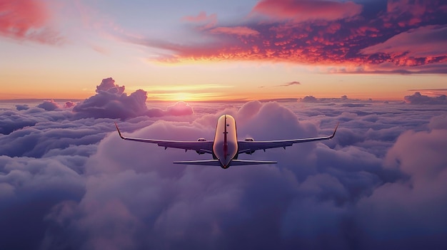 Business jet airplane flying on a high altitude above red clouds Ai generative