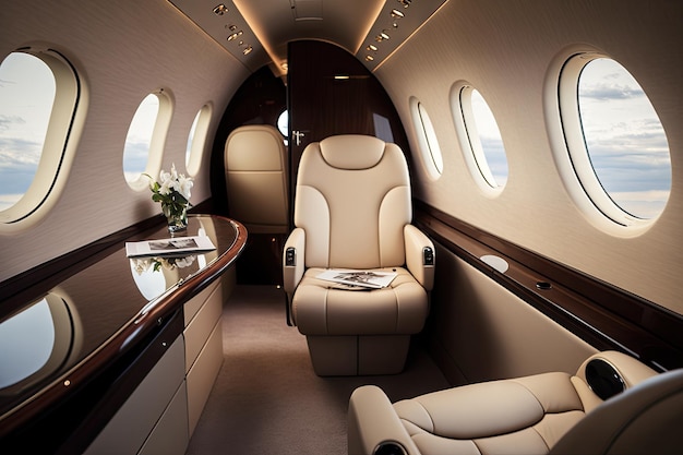 Business jet with luxurious leather seats and sleek design