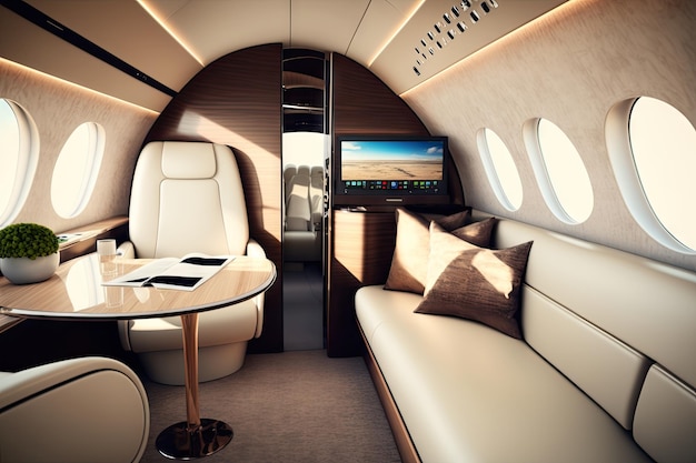 Business jet with sleek modern interior featuring plush seating and sleek design